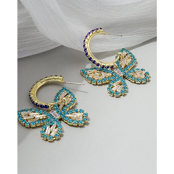 Purple and Blue Beautiful Butterfly Rhinestone Dangle Earrings CRYSTAL BLING - Picture 2 of 3